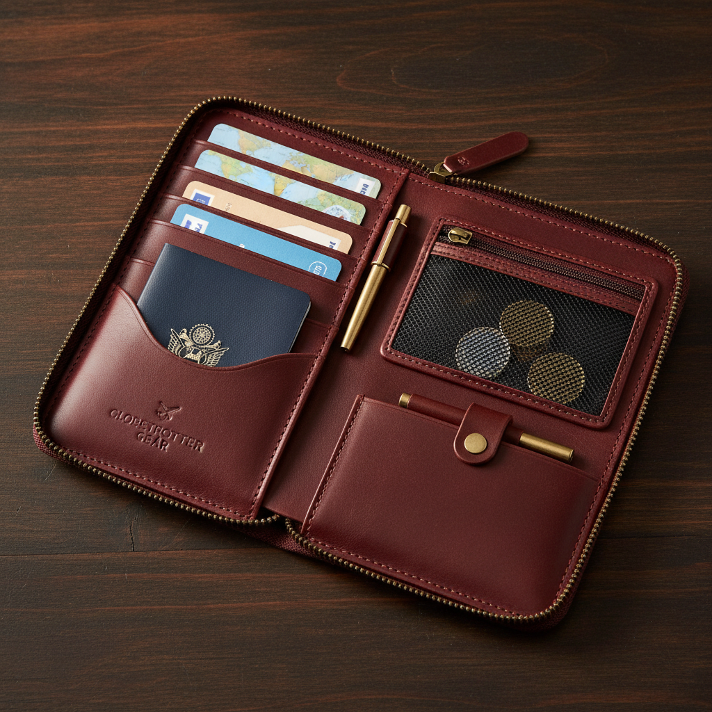 Zip-around burgundy leather travel wallet open flat showing compartments