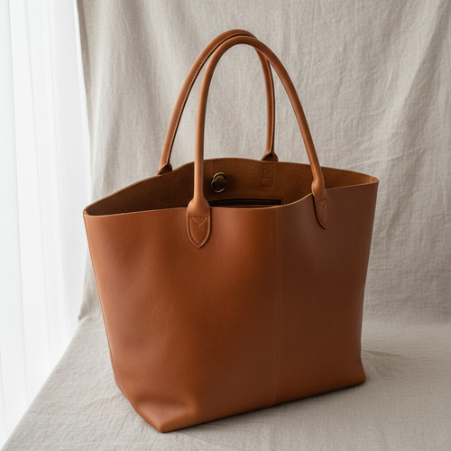 Classic cognac leather tote bag on beige background